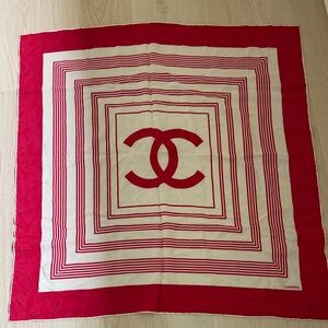 CHANEL Red and White Silk Scarf
